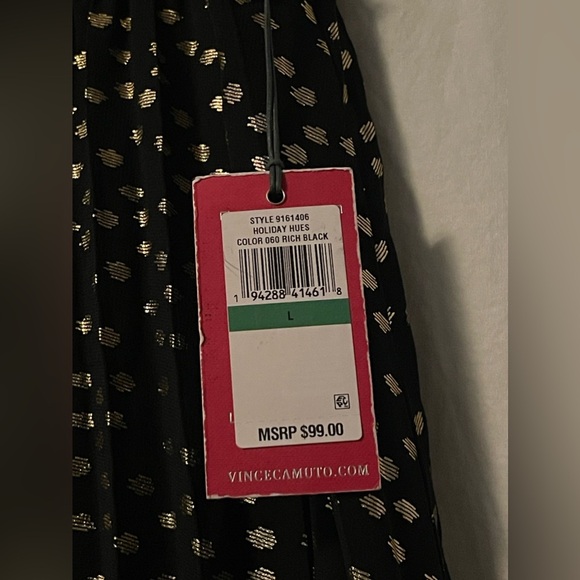 Vince Camuto Pleated Chiffon Foil Dot Midi Skirt - Size L, Black with Gold Dots - Picture 7 of 7